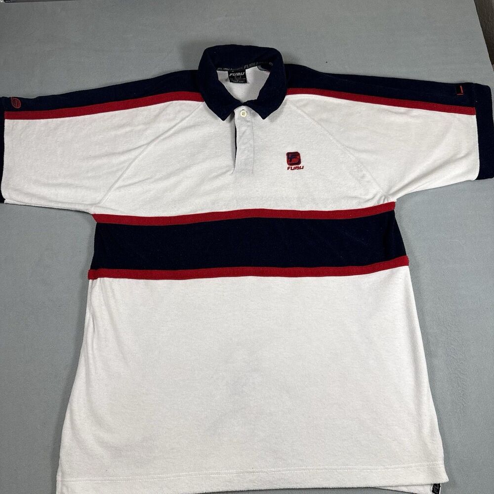 Vintage FUBU Sports Polo Shirt XL White Navy Red Terry Cloth Tennis Logo